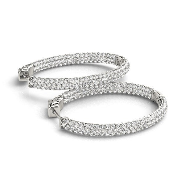 14k white gold double-sided three-row diamond hoop earrings with hinge locks.
