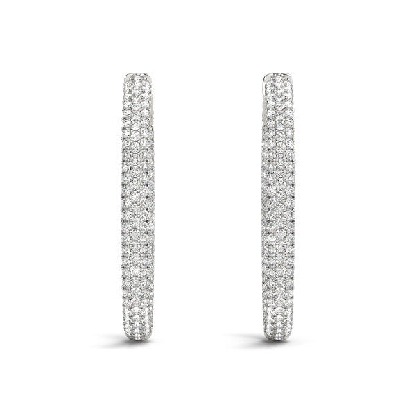 14k white gold double-sided three-row diamond hoop earrings with hinge locks.