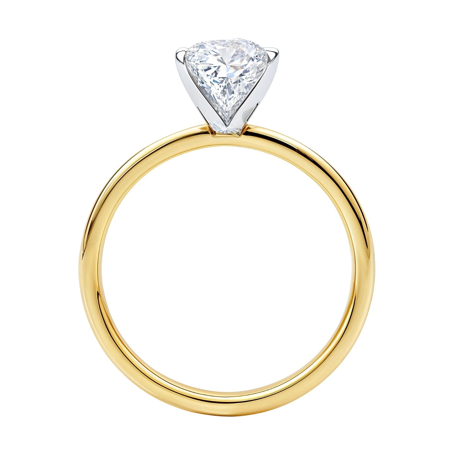 A princess-cut lab-grown diamond ring with a yellow gold band and white gold prongs.