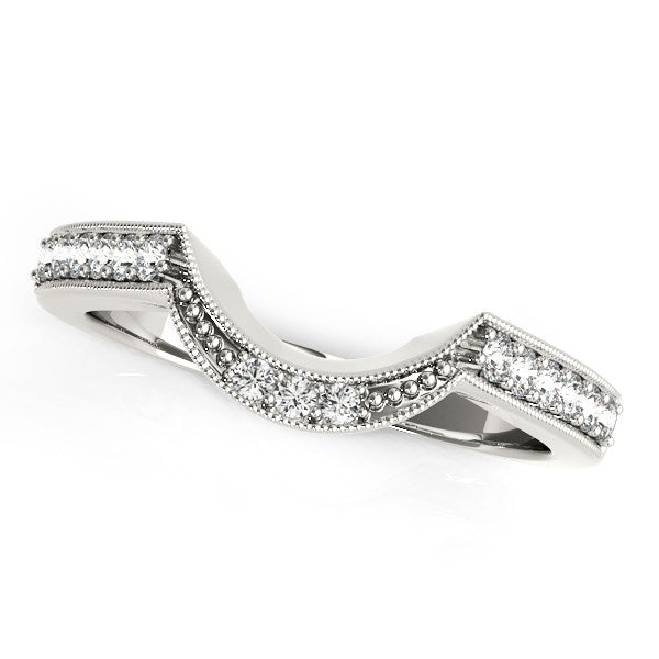 14k white gold curved antique wedding band with round diamonds and milgrain detailing.