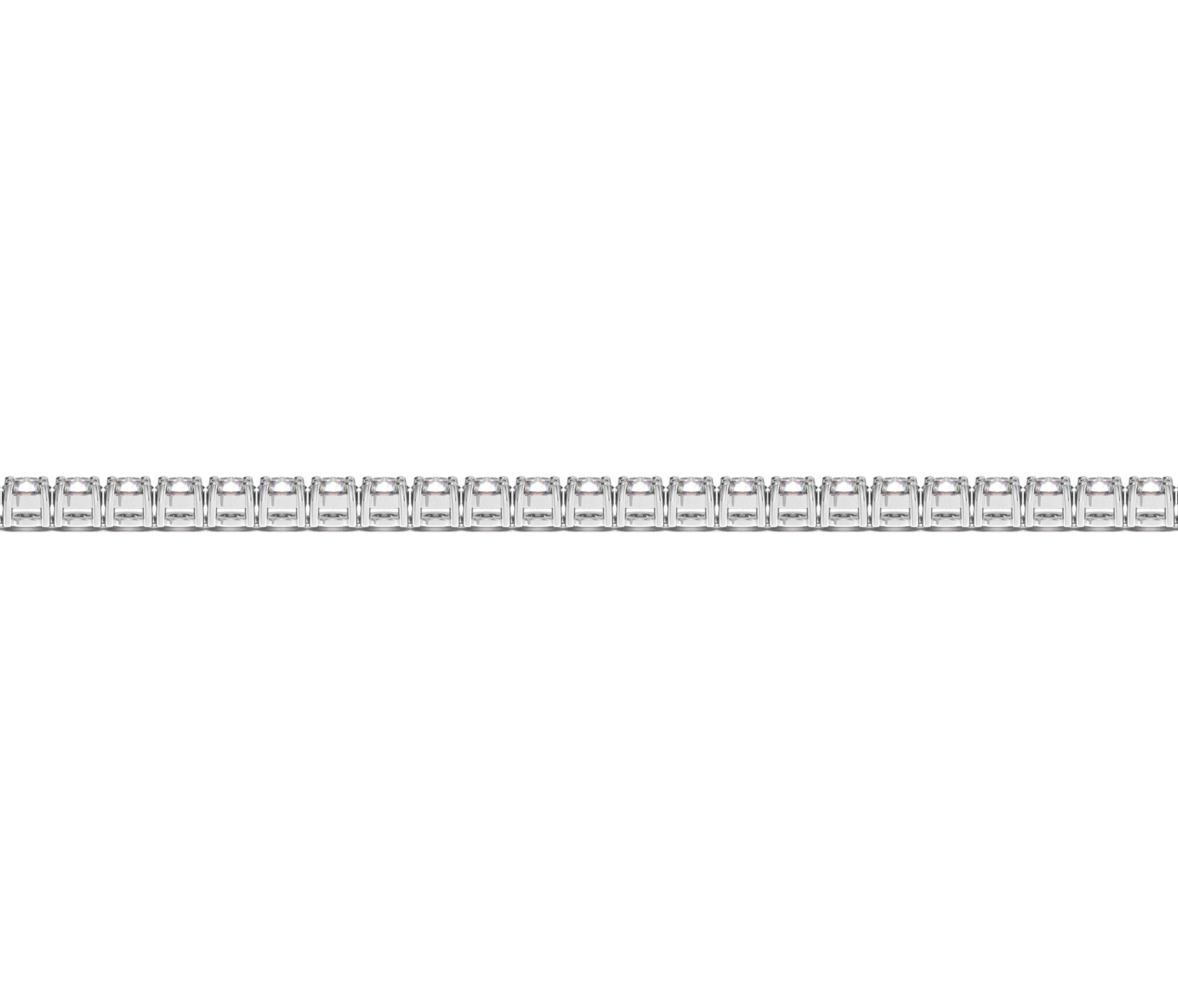 A 14k white gold tennis bracelet featuring a continuous line of round lab-grown diamonds.