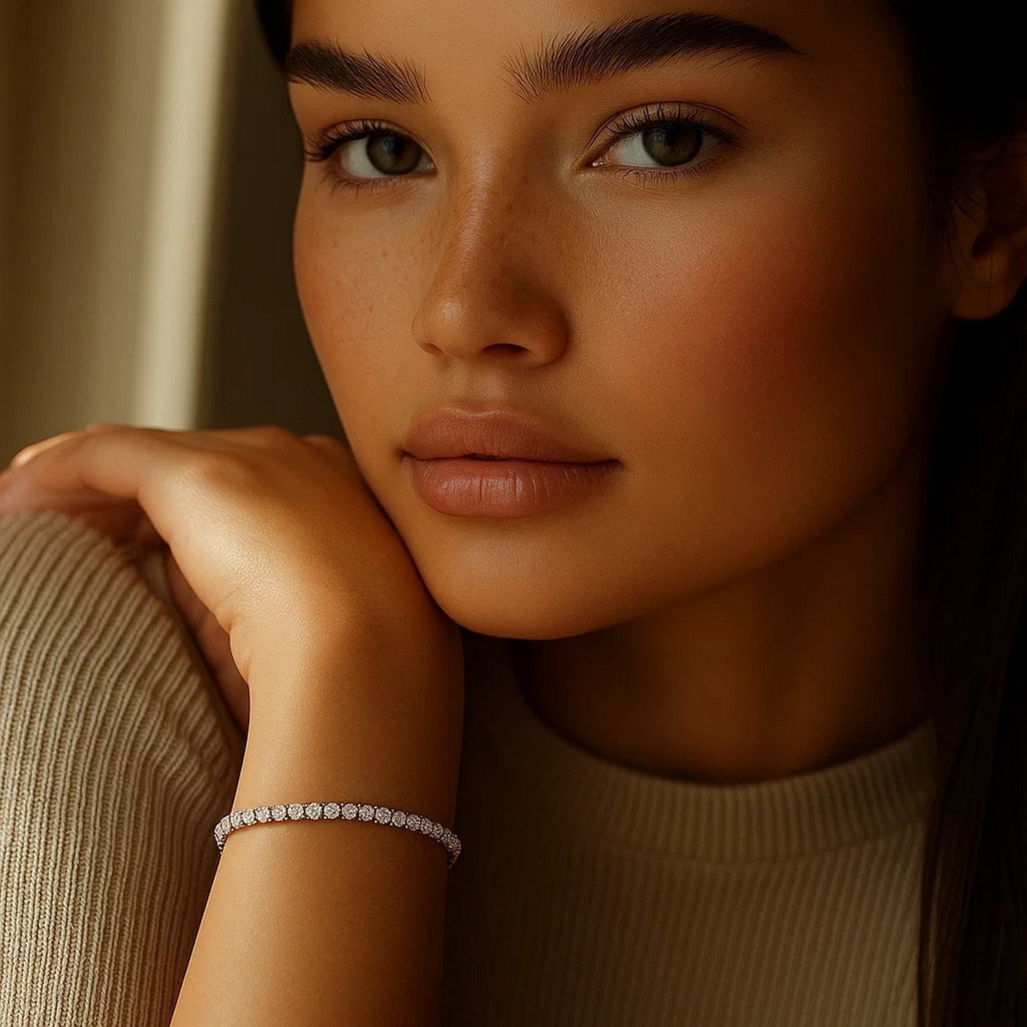 Lab Grown Round Diamond Tennis Bracelet in 14k White Gold on a woman's wrist.