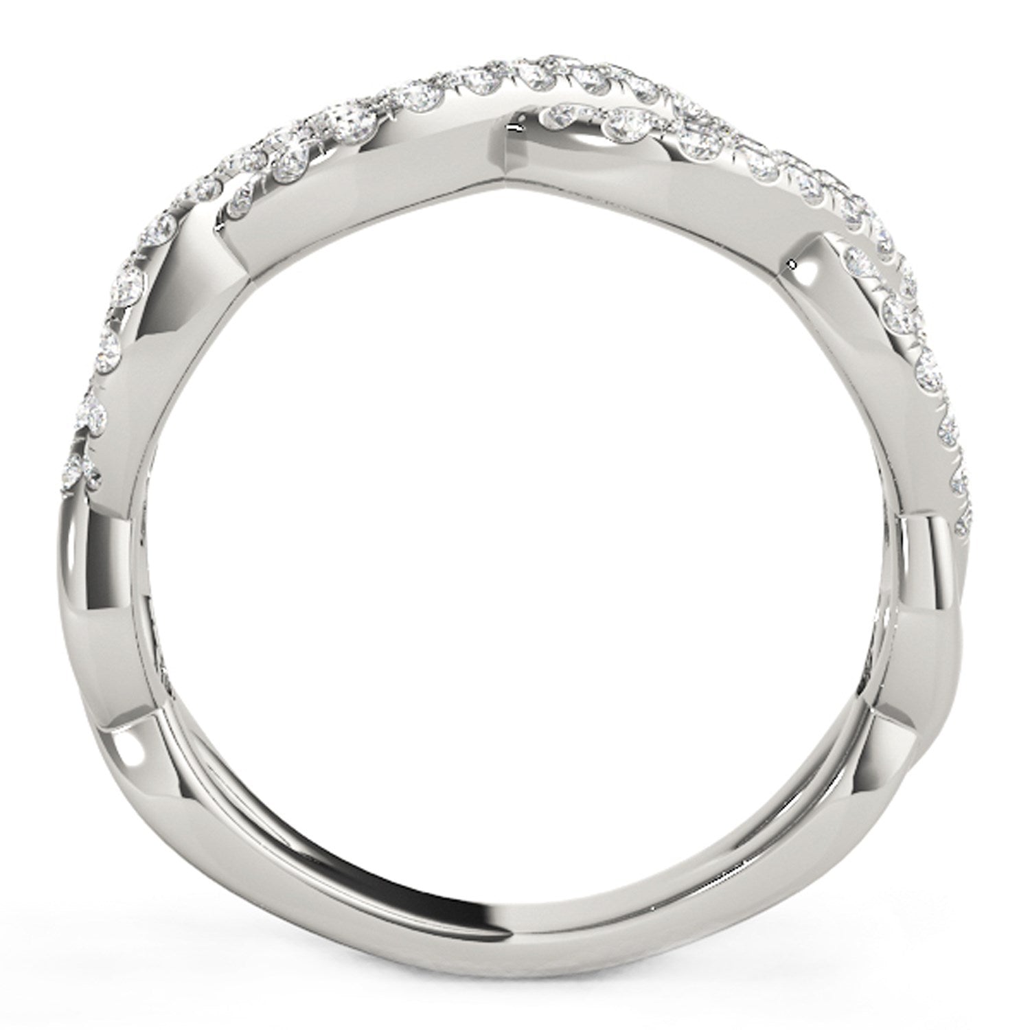 Diamond studded interlocking waves ring in 14k white gold.