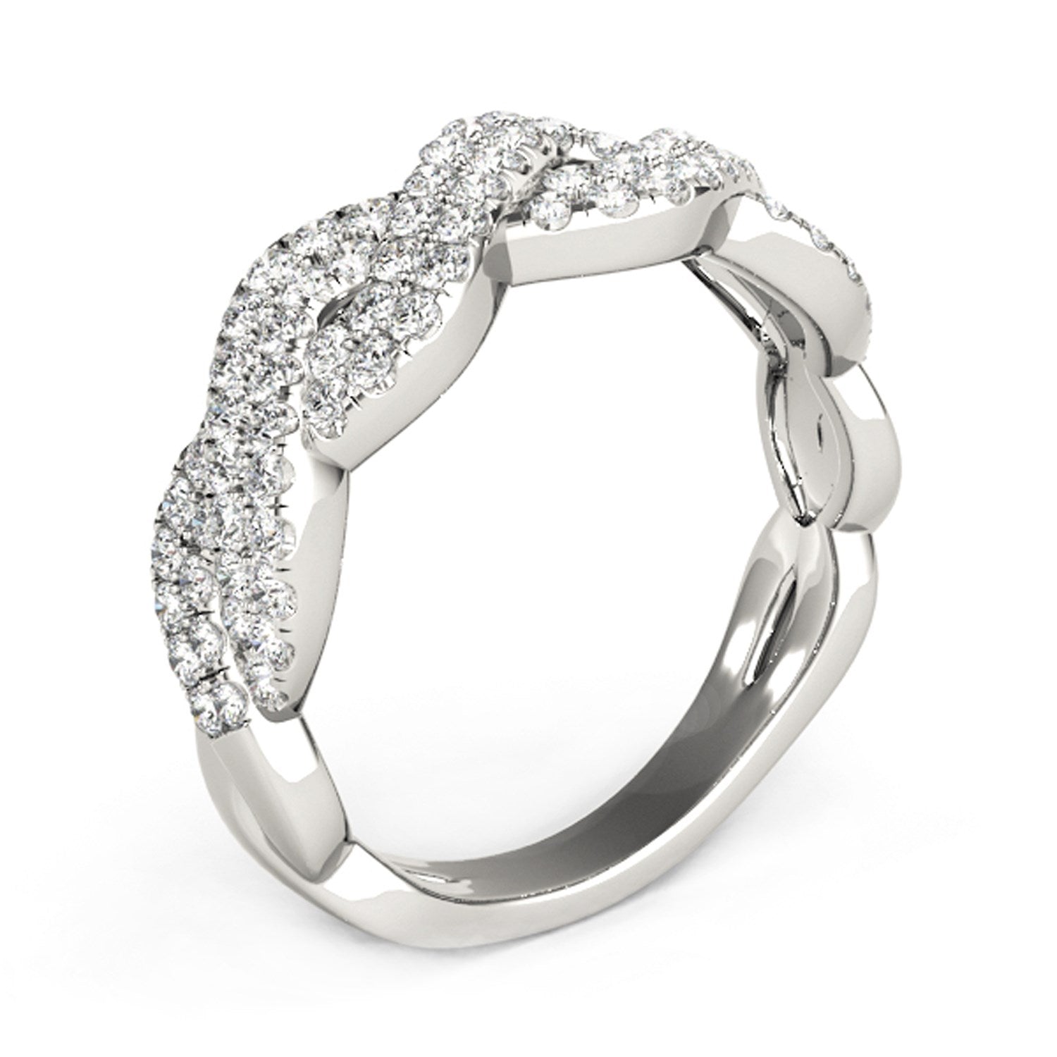 Diamond studded interlocking waves ring in 14k white gold.