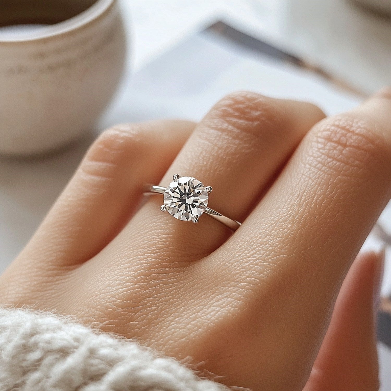 A hand wears a 3 carat round lab grown diamond solitaire ring in 10K white gold.