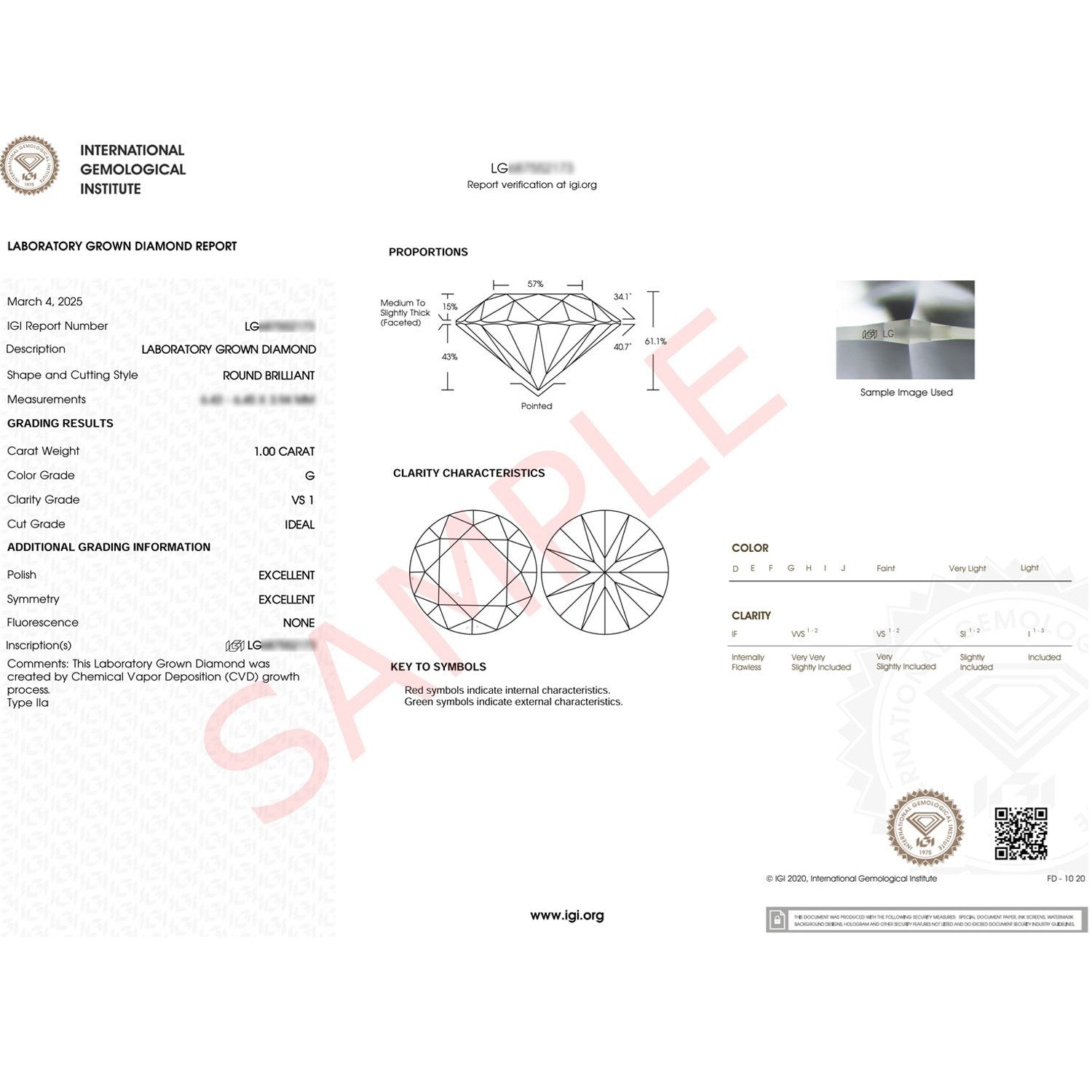 An IGI Laboratory Grown Diamond Report for a 1.00 carat, G color, VS1 clarity round brilliant diamond.