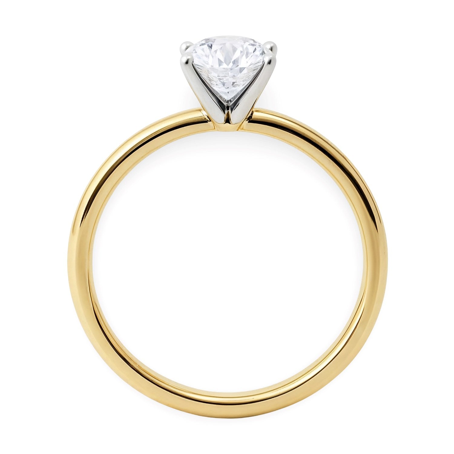 A round lab-grown diamond solitaire ring in 10K yellow gold with white gold prongs.