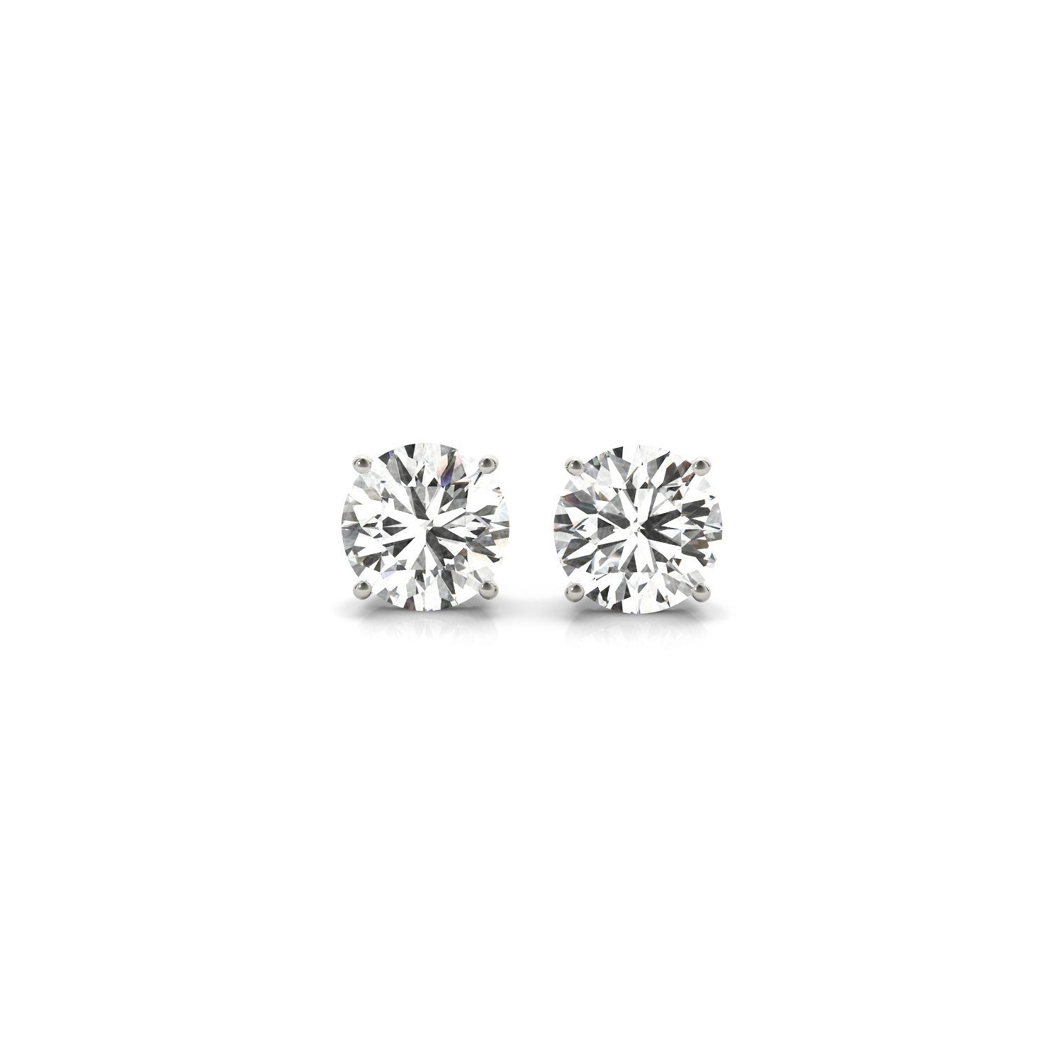 Two round lab-grown diamond stud earrings in 14k white gold with four-prong settings.