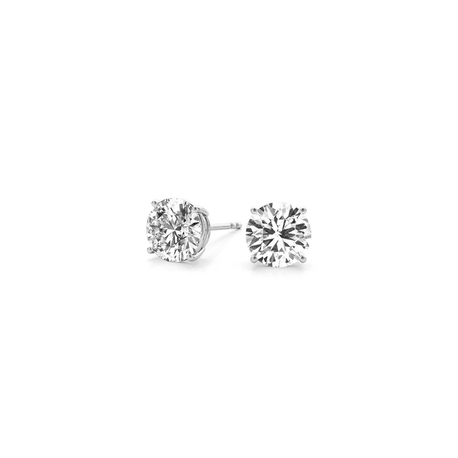 Two round lab-grown diamond stud earrings in 14k white gold with four-prong settings.