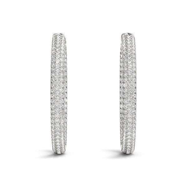 Two 14k white gold hoop earrings with two rows of pave set diamonds.