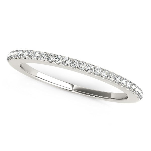 14k white gold wedding band with pave-set round diamonds.