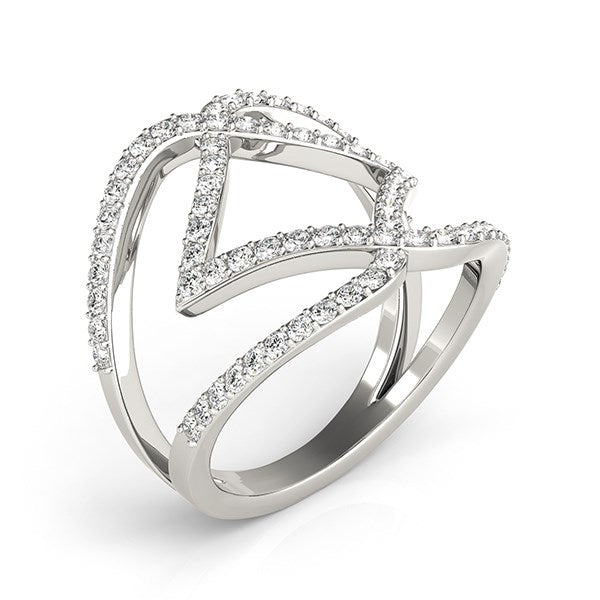 14k white gold ring with entwined diamond dual bands.