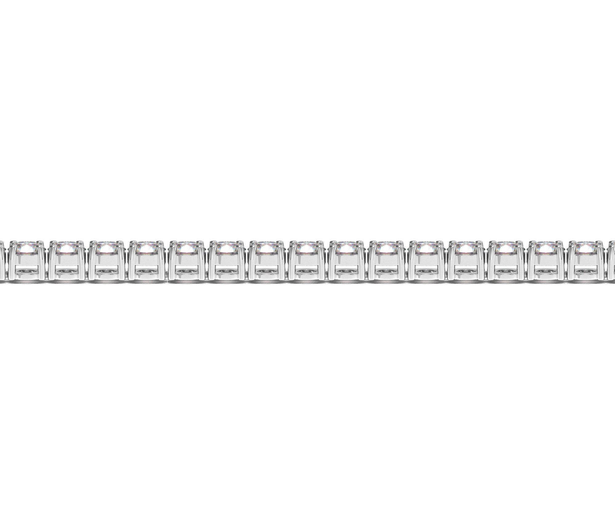 A white gold tennis bracelet featuring a continuous line of round, brilliant-cut diamonds.