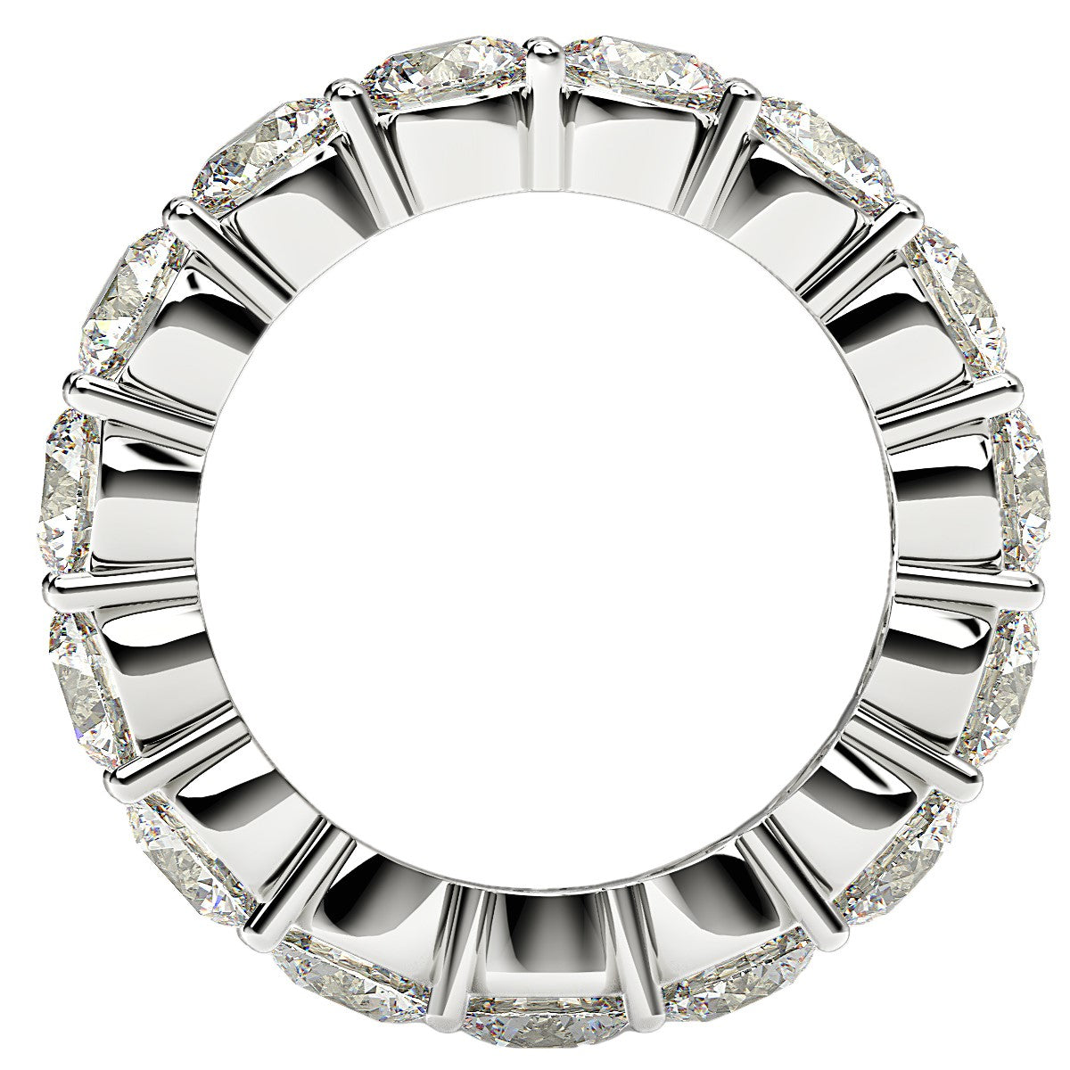 Round cut lab grown diamond eternity ring in 14k white gold, top-down view.