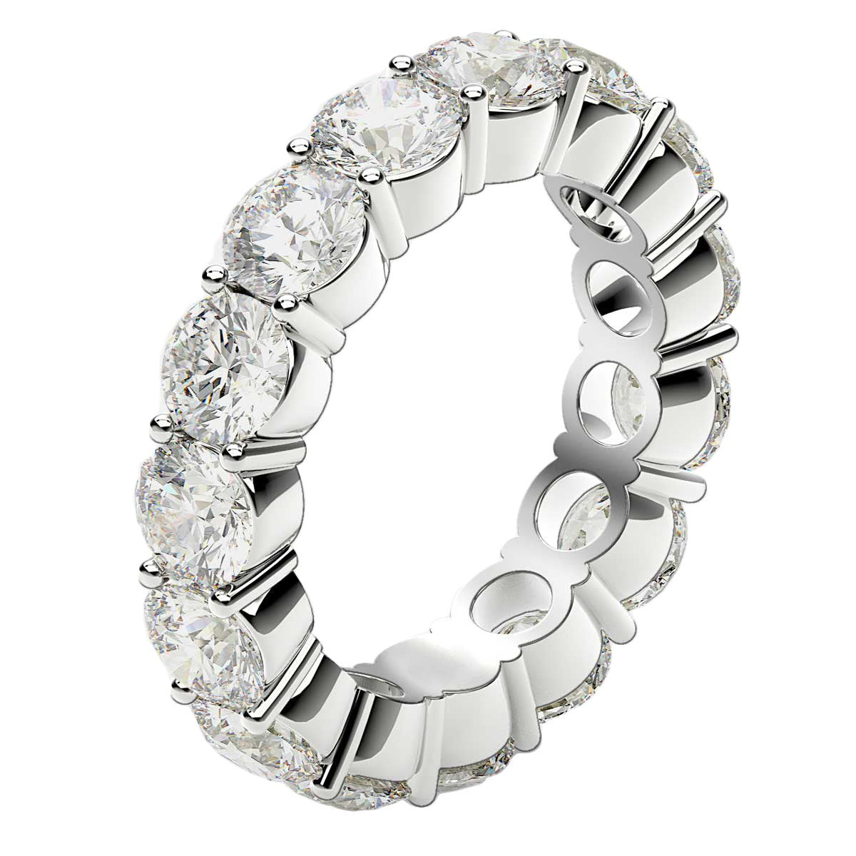 Round cut lab grown diamond eternity ring in 14k white gold with common prong setting.