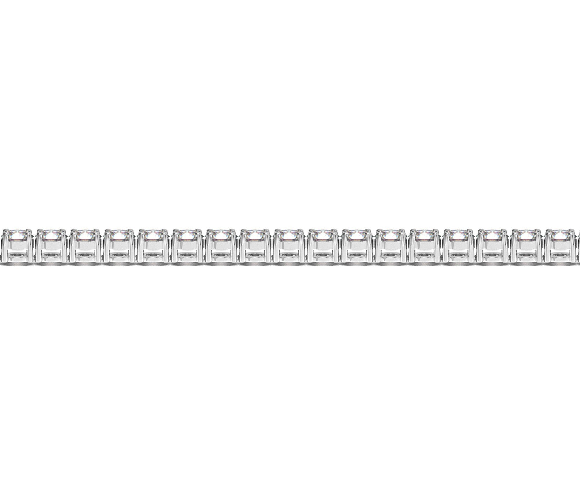 A 14k white gold tennis bracelet with a row of round lab-grown diamonds.
