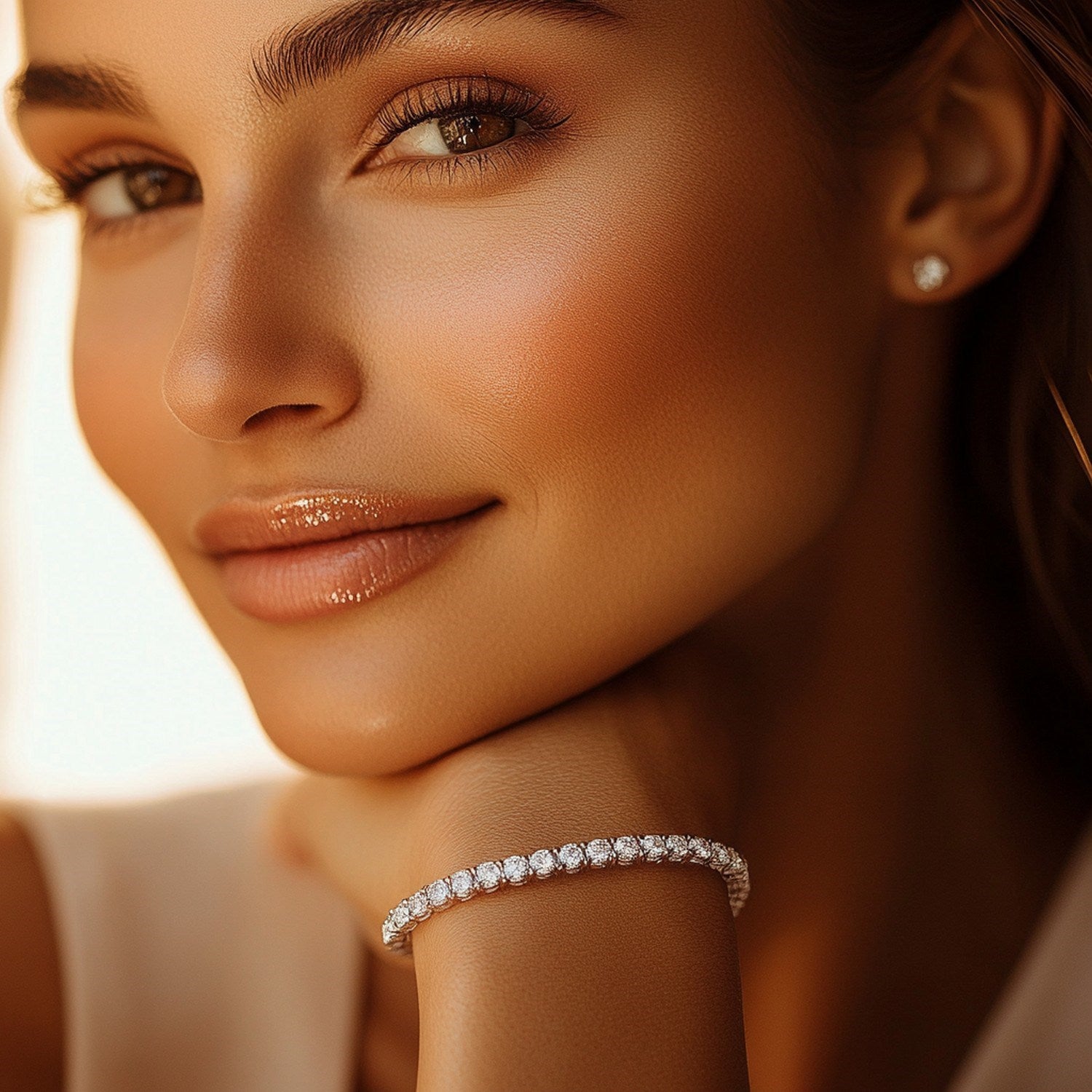 A woman wears a lab grown round diamond tennis bracelet in 14k white gold.