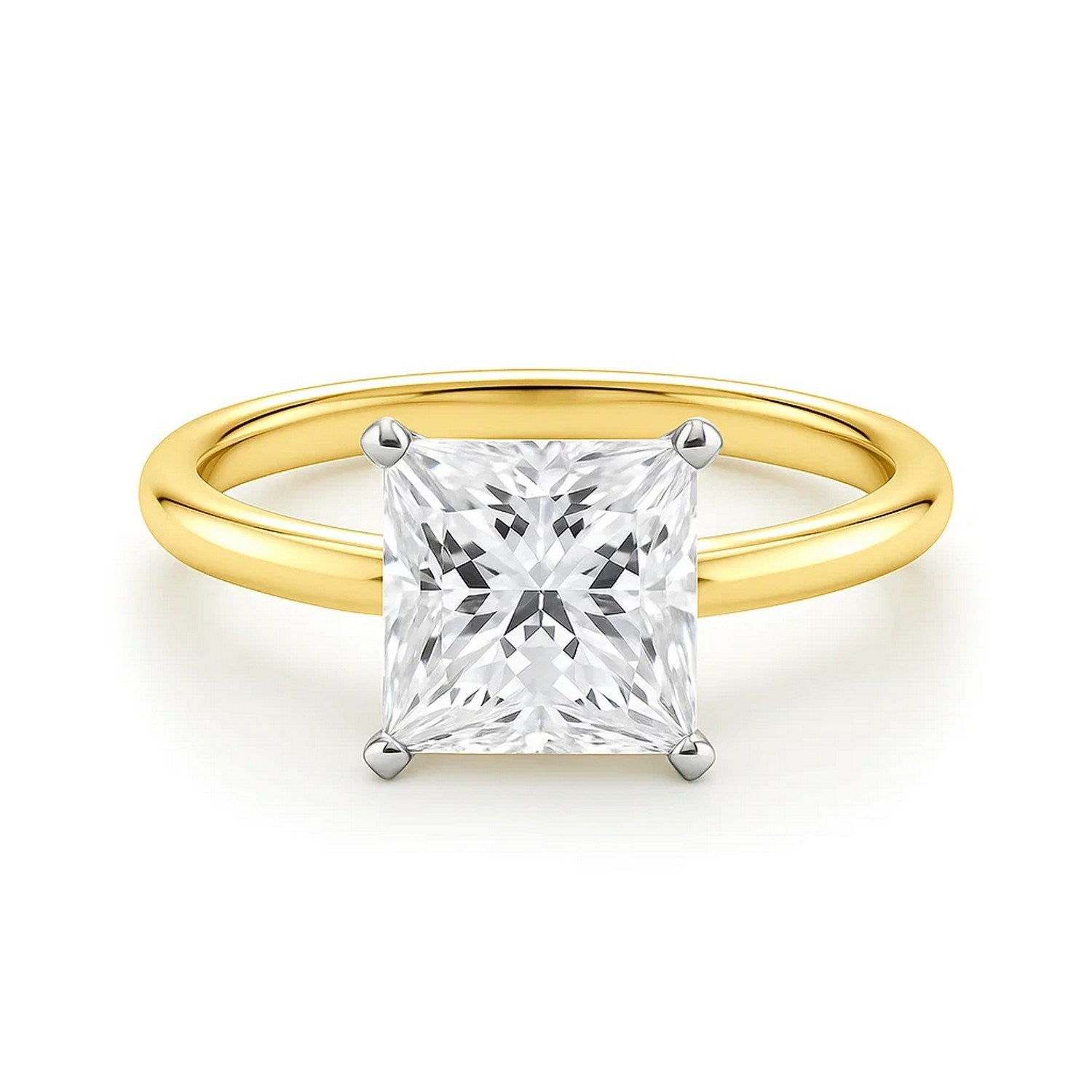 A princess-cut lab-grown diamond solitaire ring in 14K yellow gold.