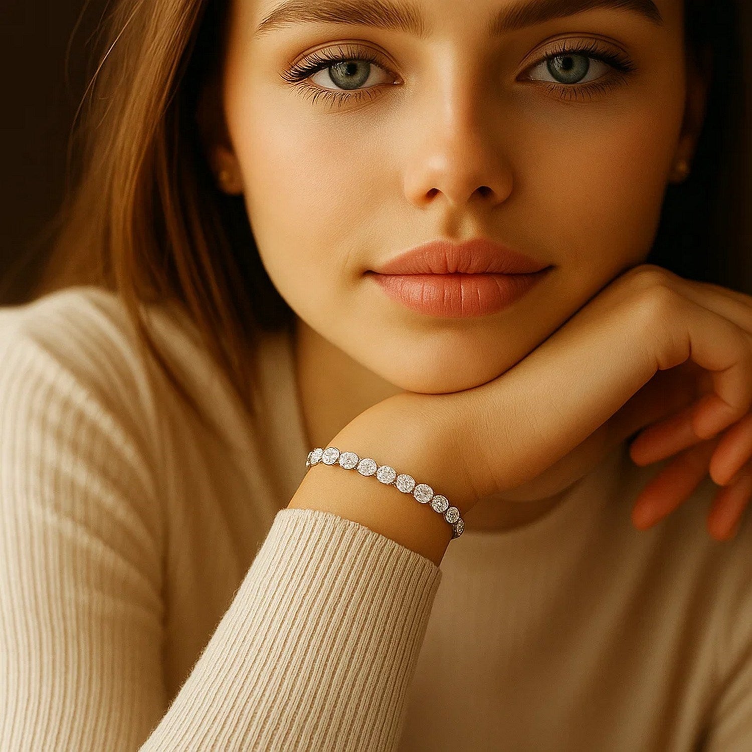 A woman wearing a lab grown round diamond tennis bracelet in 14k white gold.