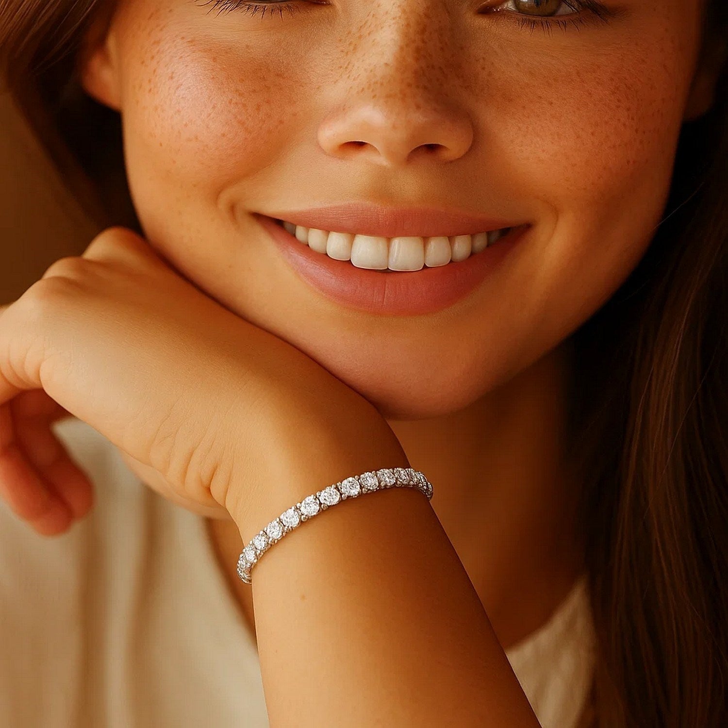 A woman smiles, resting her chin on her hand, wearing a round diamond tennis bracelet.