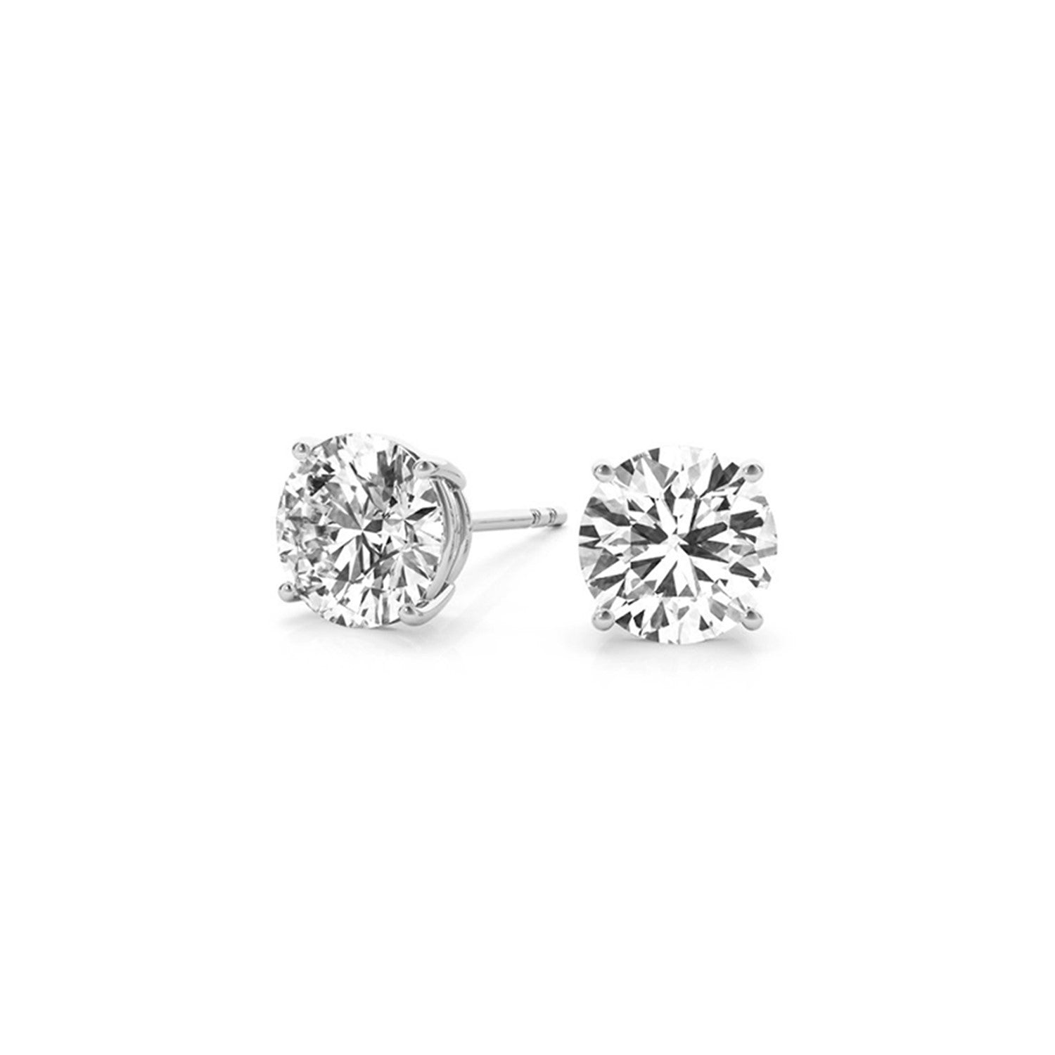 Two round lab-grown diamond stud earrings in 14k white gold with four-prong settings.
