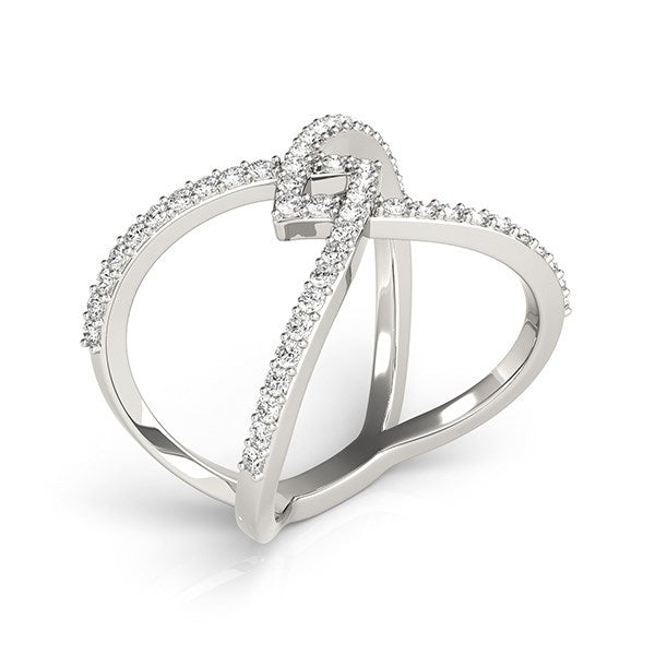 14k white gold fancy entwined design diamond ring with pave set diamonds.