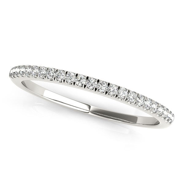 14k white gold wedding band with pave set round diamonds.