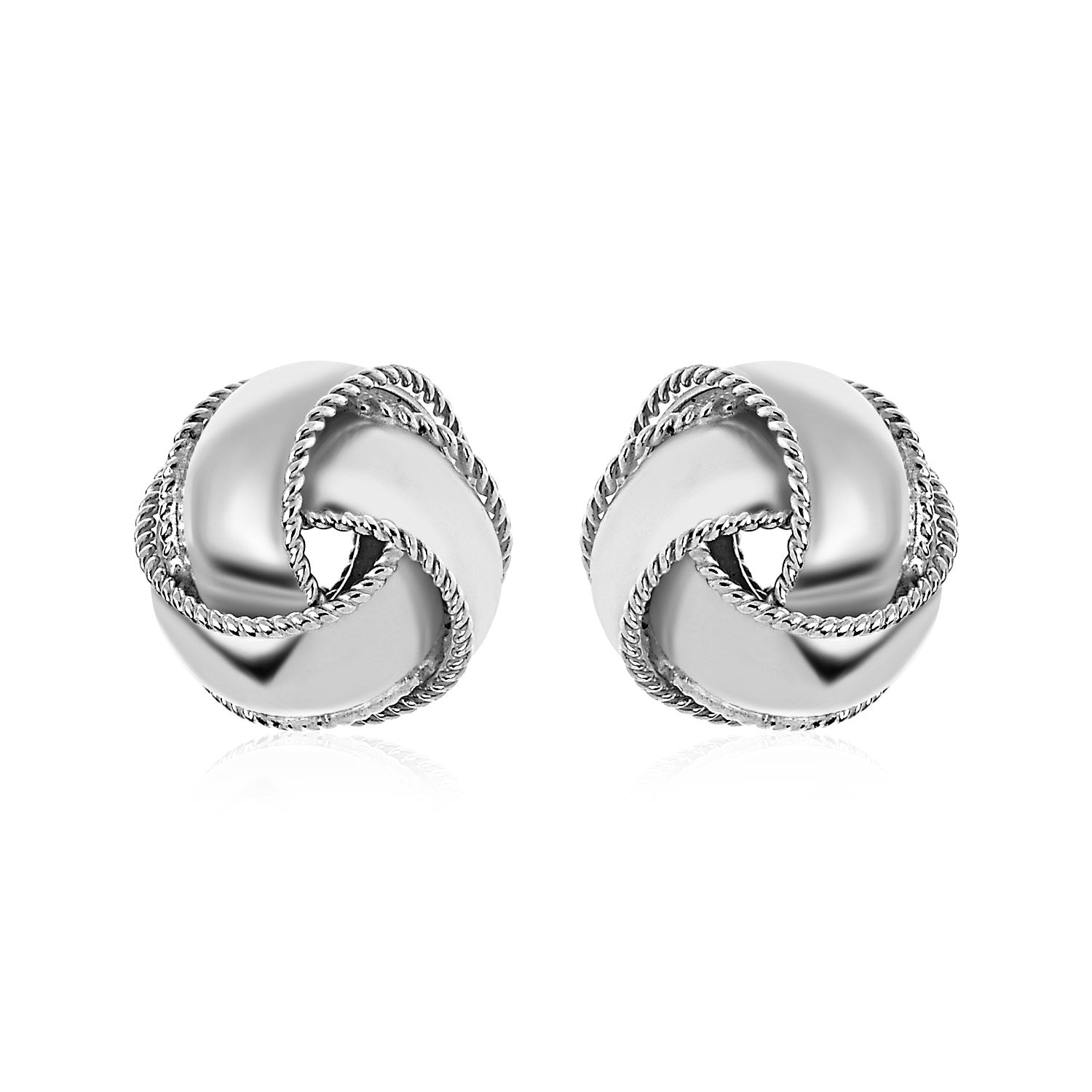 Sterling silver love knot earrings with polished and textured details.