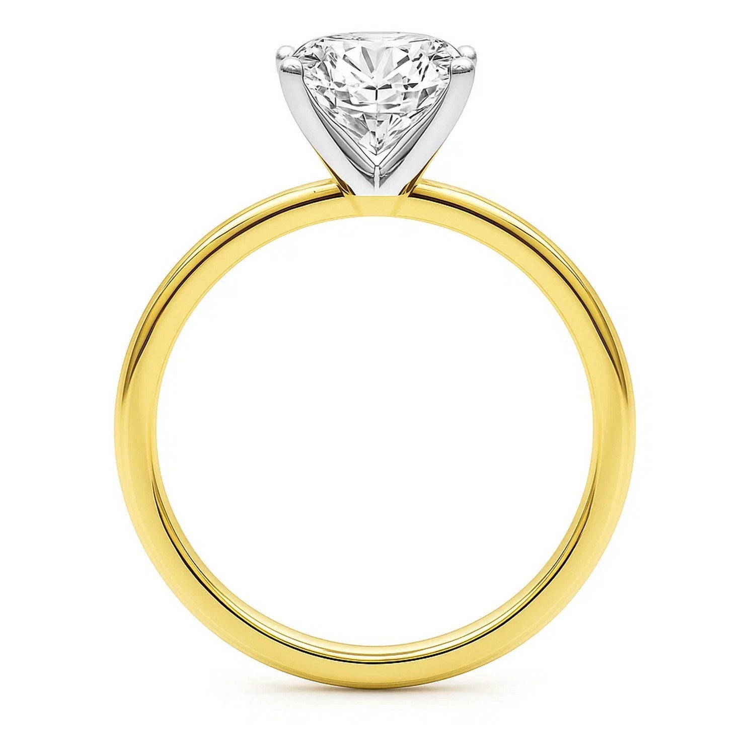 Princess lab grown diamond solitaire ring in 10K yellow gold with white gold prongs.