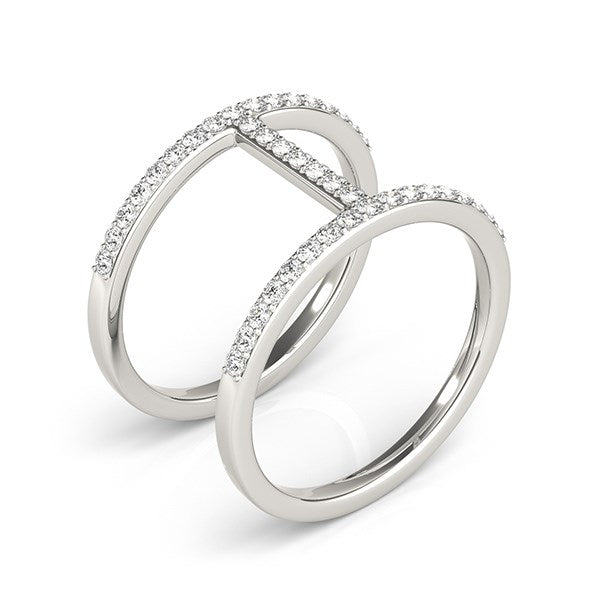 14k white gold dual band bridge style diamond ring with pave-set round diamonds.