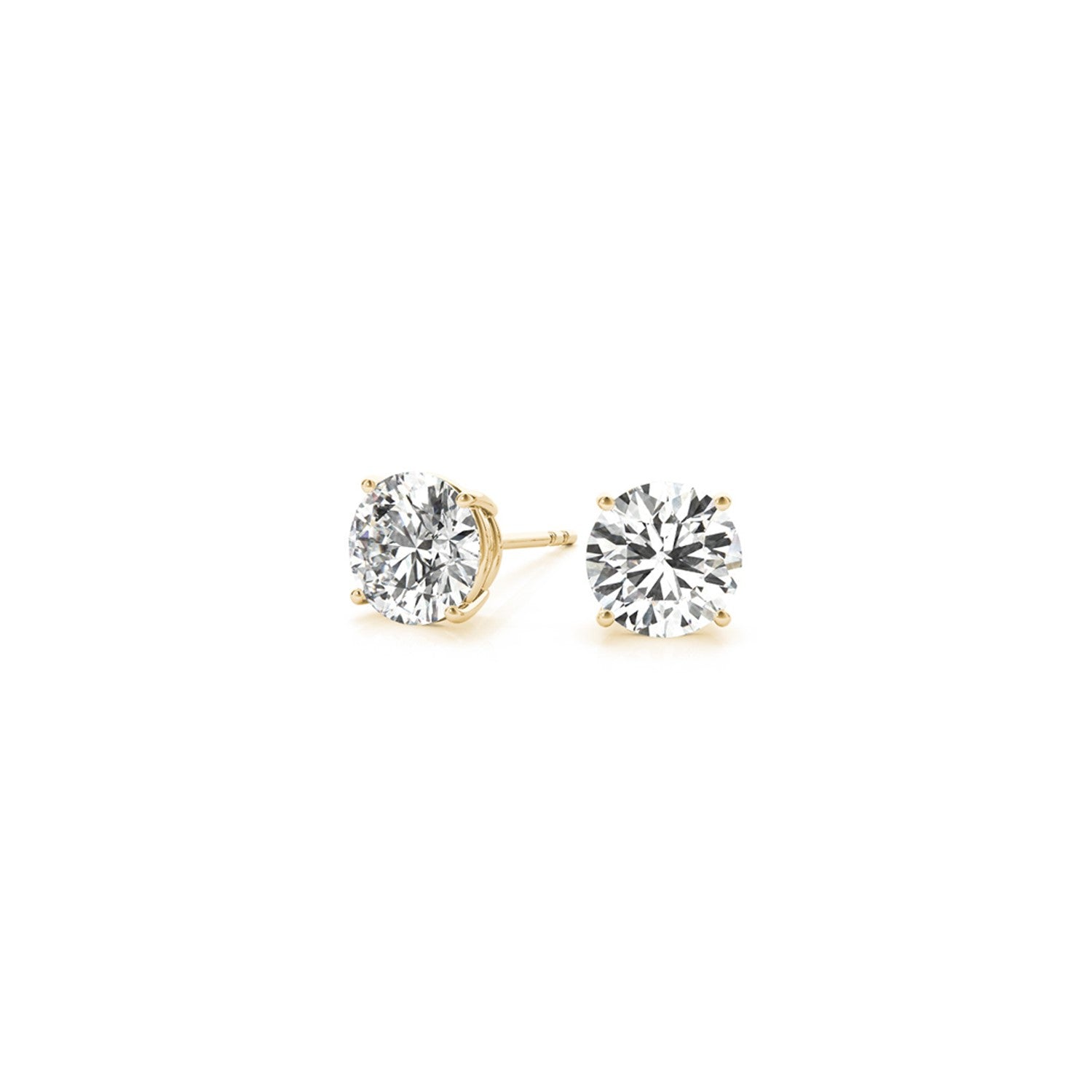 Two round lab-grown diamond stud earrings in 14k yellow gold with four-prong settings.