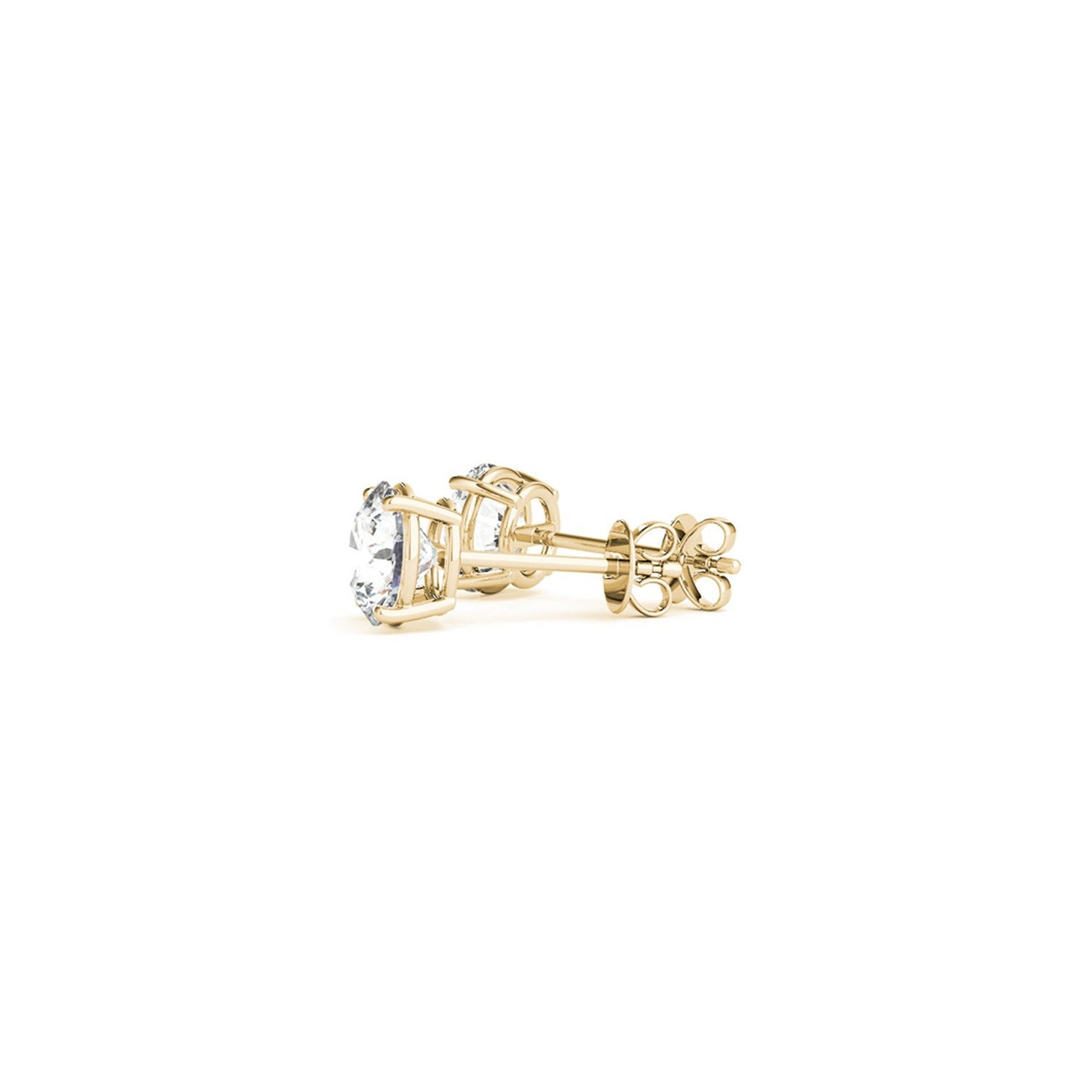 A pair of yellow gold round diamond stud earrings with push backs.