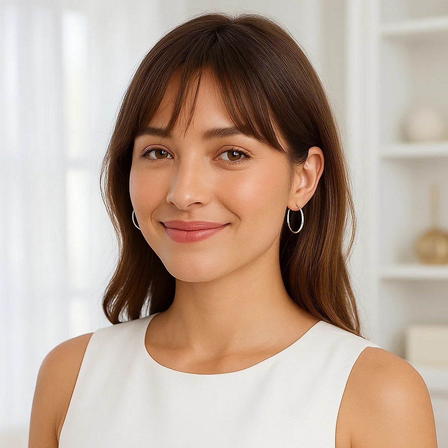A woman wears sterling silver polished thin hoop earrings.