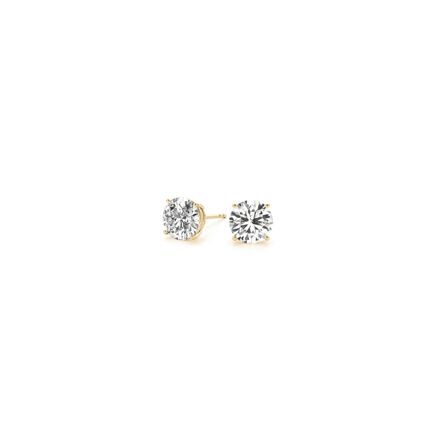 Two round lab-grown diamond stud earrings in 14k yellow gold with four-prong settings.