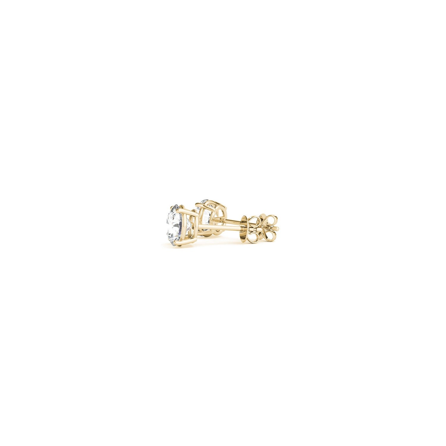 Two round lab-grown diamond stud earrings in 14k yellow gold with push backs.