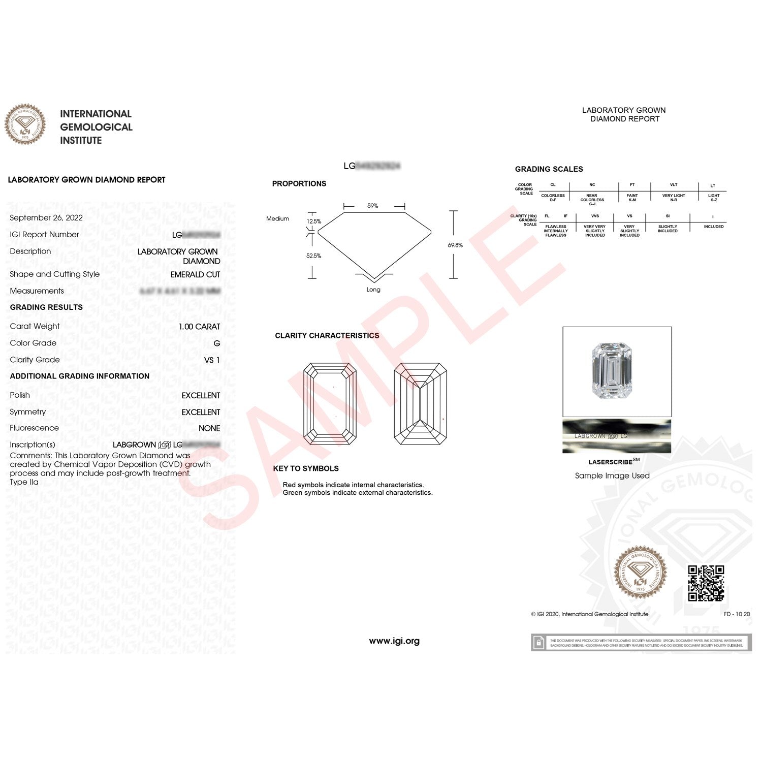 An IGI lab-grown diamond report for a 1 carat emerald cut diamond.