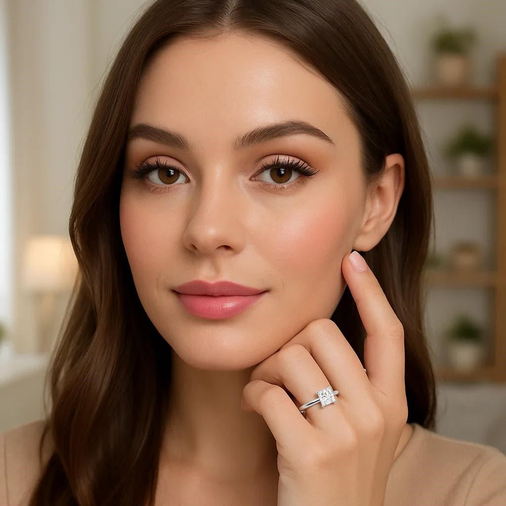 A woman wears a 2 carat princess lab grown diamond solitaire ring in white gold.