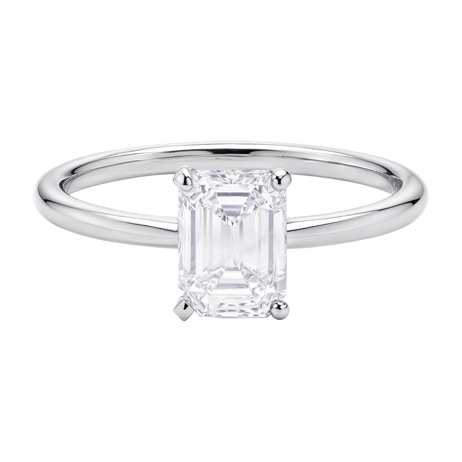 A 14K white gold solitaire ring with an emerald-cut lab-grown diamond.