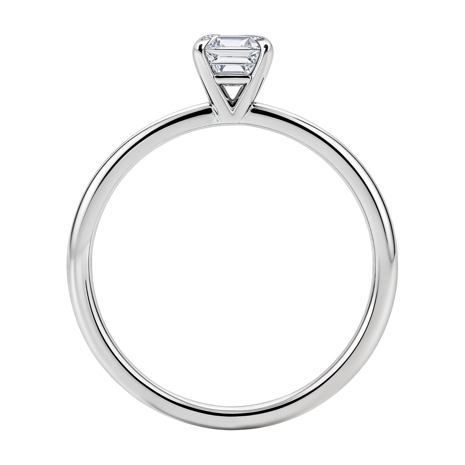 A 14K white gold solitaire ring with an emerald-cut lab-grown diamond.