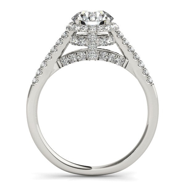 14k white gold round cut pave set diamond engagement ring.