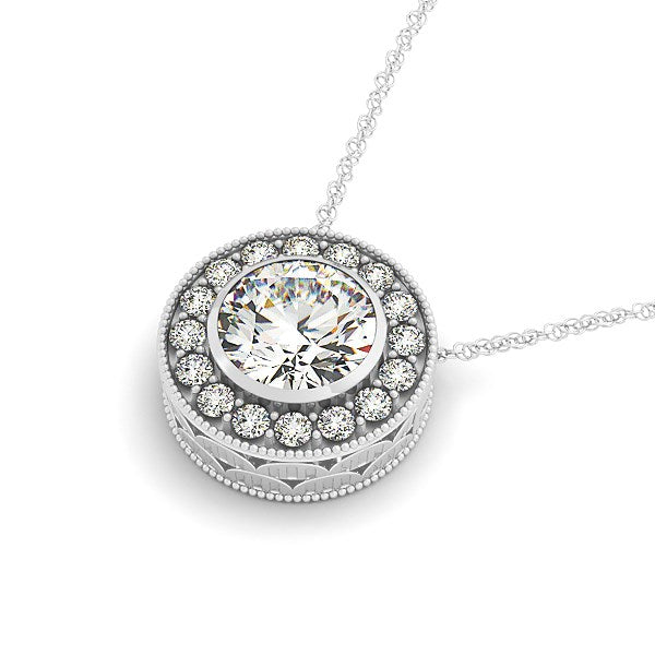 A white gold diamond halo pendant with a bezel-set center stone on a delicate chain.