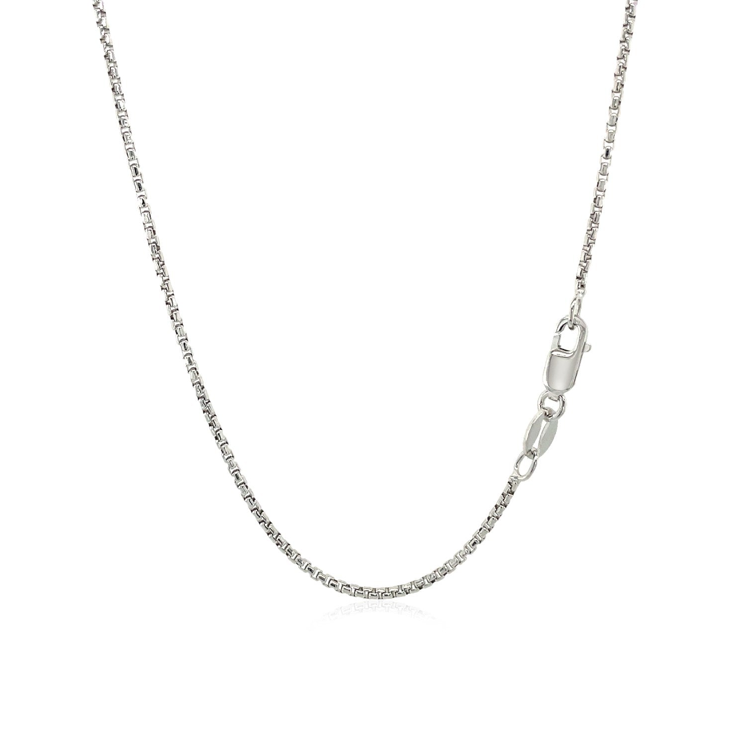 Sterling silver rhodium-plated round box chain with a lobster clasp.
