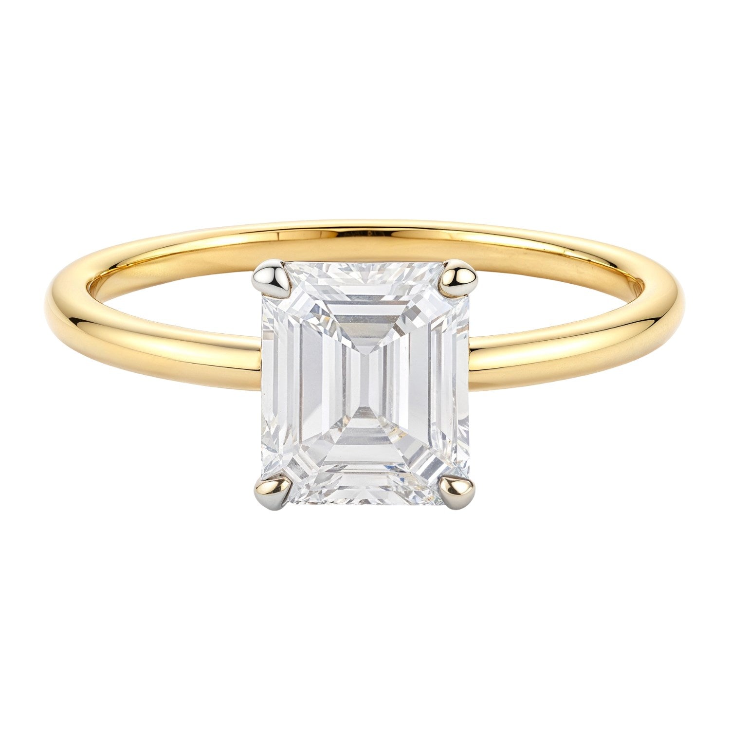 1 carat emerald lab-grown diamond solitaire ring in 14K yellow gold.
