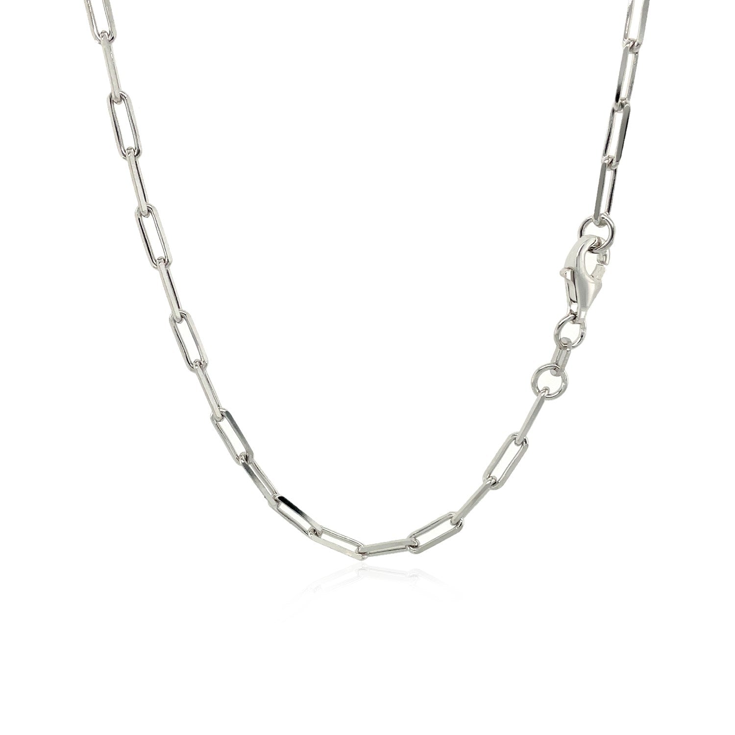 A sterling silver rhodium-plated paperclip chain with a lobster clasp.