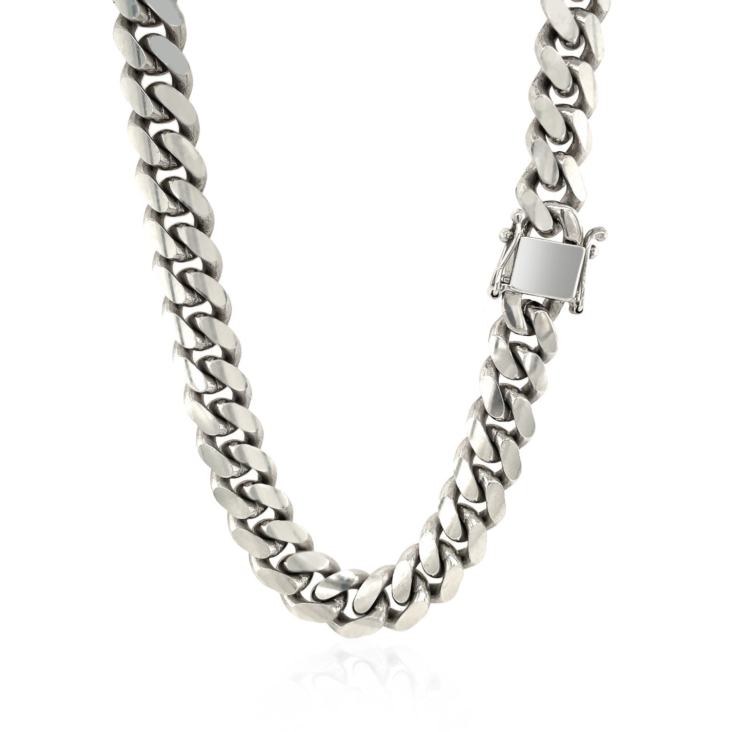 Sterling silver rhodium-plated Miami Cuban chain with a box clasp.