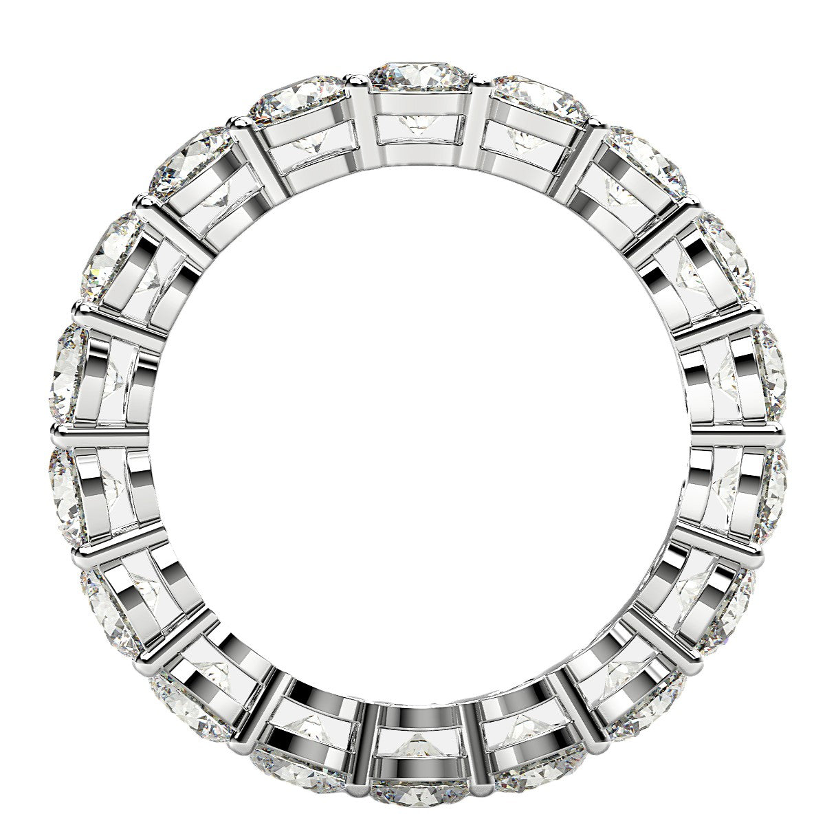 Round cut lab grown diamond eternity ring in 14k white gold.