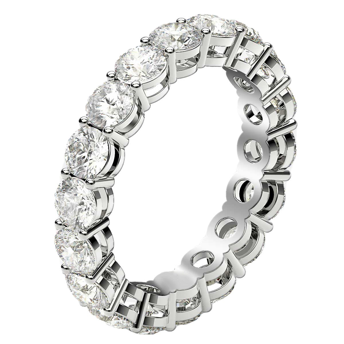 Round cut lab grown diamond eternity ring in 14k white gold.