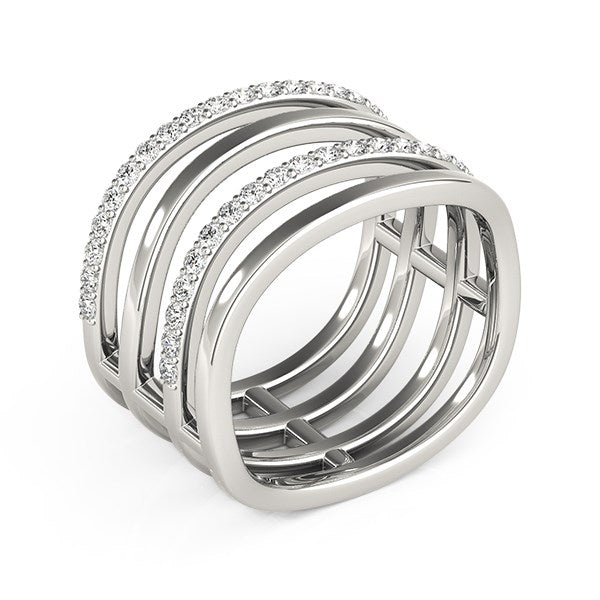 14k white gold multiple band ring with three diamond-set bands and two polished bands.