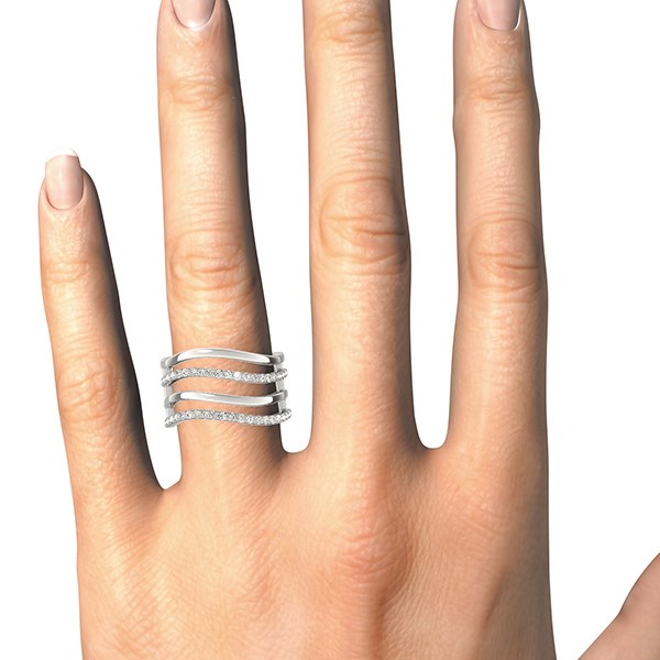 14k white gold multiple band design ring with diamonds on a hand.