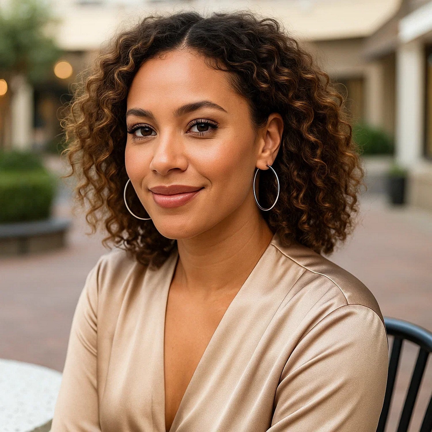 Sterling silver large polished round hoop earrings on a woman with curly hair.